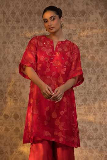 Buy_Eeda_Red Silk Organza, Chanderi, Shantoon Zari Split V-neck Kurta And Pant Set _Online_at_Aza_Fashions