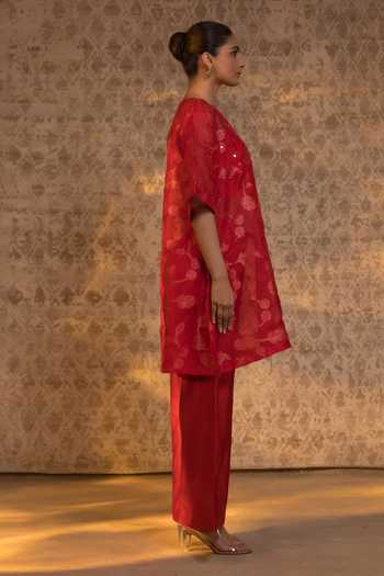 Shop_Eeda_Red Silk Organza, Chanderi, Shantoon Zari Split V-neck Kurta And Pant Set _Online_at_Aza_Fashions