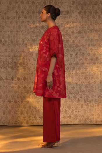 Eeda_Red Silk Organza, Chanderi, Shantoon Zari Split V-neck Kurta And Pant Set _at_Aza_Fashions