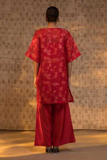 Shop_Eeda_Red Silk Organza, Chanderi, Shantoon Zari Split V-neck Kurta And Pant Set _at_Aza_Fashions