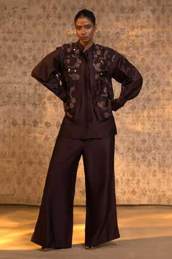 Buy_Eeda_Brown Silk Organza, Chanderi Embroidery, Sequins Mandarin Jacket And Pant Set _at_Aza_Fashions