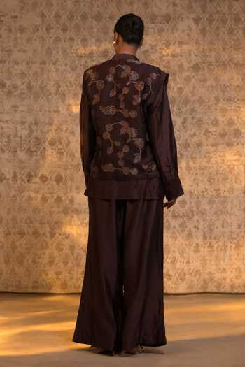 Shop_Eeda_Brown Silk Organza, Chanderi Embroidery, Sequins Mandarin Jacket And Pant Set _at_Aza_Fashions