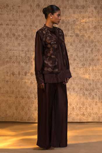 Eeda_Brown Silk Organza, Chanderi Embroidery, Sequins Mandarin Jacket And Pant Set _Online_at_Aza_Fashions