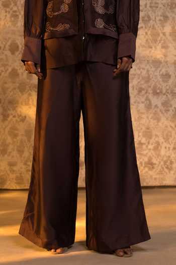 Buy_Eeda_Brown Silk Organza, Chanderi Embroidery, Sequins Mandarin Jacket And Pant Set _Online_at_Aza_Fashions