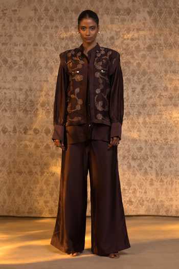 Shop_Eeda_Brown Silk Organza, Chanderi Embroidery, Sequins Mandarin Jacket And Pant Set _Online_at_Aza_Fashions