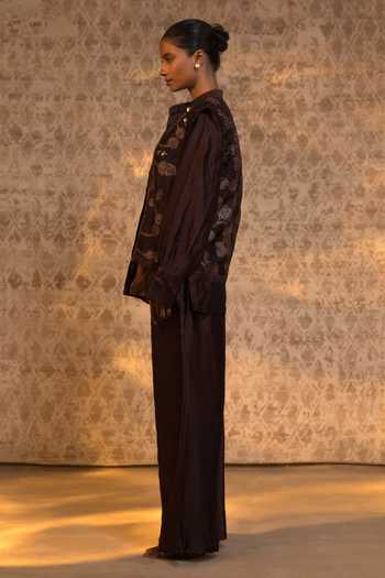 Buy_Eeda_Brown Silk Organza, Chanderi Embroidery, Sequins Mandarin Jacket And Pant Set 