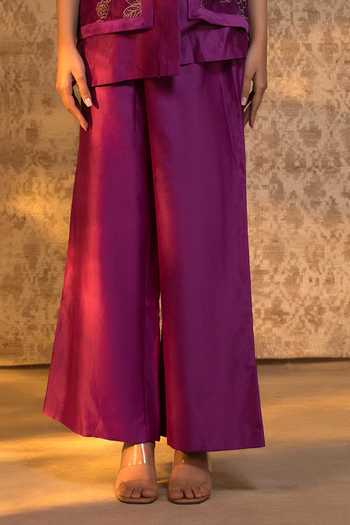Eeda_Purple Silk Organza, Chanderi Embroidery, Floral Pattern Jacket And Pant Set _Online_at_Aza_Fashions