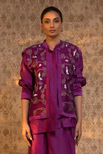Buy_Eeda_Purple Silk Organza, Chanderi Embroidery, Floral Pattern Jacket And Pant Set _Online_at_Aza_Fashions