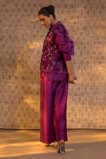 Shop_Eeda_Purple Silk Organza, Chanderi Embroidery, Floral Pattern Jacket And Pant Set _Online_at_Aza_Fashions