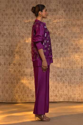 Eeda_Purple Silk Organza, Chanderi Embroidery, Floral Pattern Jacket And Pant Set _at_Aza_Fashions