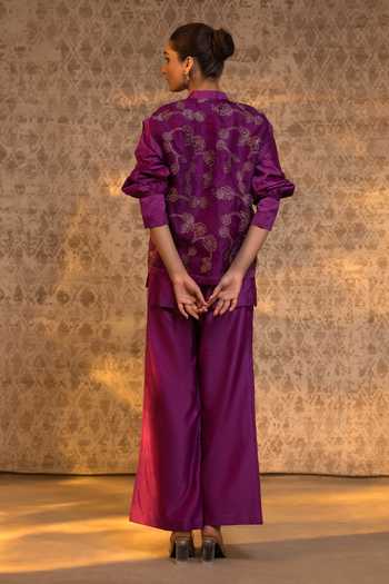 Shop_Eeda_Purple Silk Organza, Chanderi Embroidery, Floral Pattern Jacket And Pant Set _at_Aza_Fashions