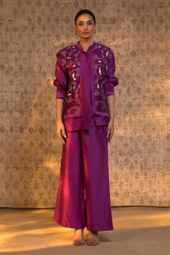 Buy_Eeda_Purple Silk Organza, Chanderi Embroidery, Floral Pattern Jacket And Pant Set _at_Aza_Fashions