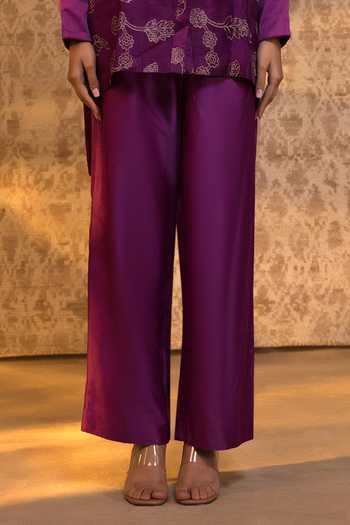 Eeda_Purple Silk Organza, Chanderi, Shantoon Applique Flower Pattern Shirt And Pant Set _Online_at_Aza_Fashions