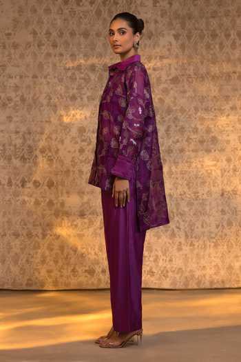 Shop_Eeda_Purple Silk Organza, Chanderi, Shantoon Applique Flower Pattern Shirt And Pant Set _Online_at_Aza_Fashions