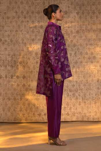 Eeda_Purple Silk Organza, Chanderi, Shantoon Applique Flower Pattern Shirt And Pant Set _at_Aza_Fashions
