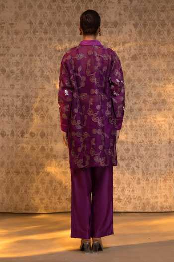 Shop_Eeda_Purple Silk Organza, Chanderi, Shantoon Applique Flower Pattern Shirt And Pant Set _at_Aza_Fashions
