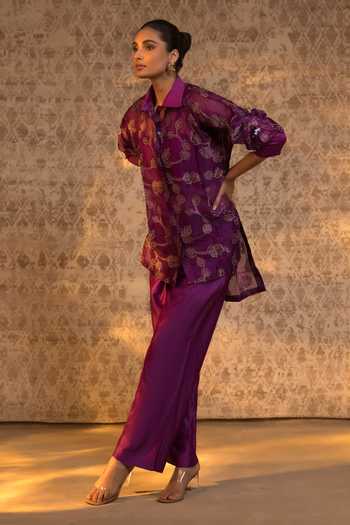 Shop_Eeda_Purple Silk Organza, Chanderi, Shantoon Applique Flower Pattern Shirt And Pant Set 