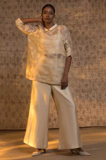 Buy_Eeda_Ivory Silk Organza, Shantoon, Chanderi Applique Collared Shirt And Pant Set _at_Aza_Fashions