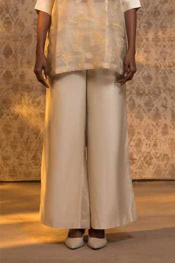 Eeda_Ivory Silk Organza, Shantoon, Chanderi Applique Collared Shirt And Pant Set _Online_at_Aza_Fashions