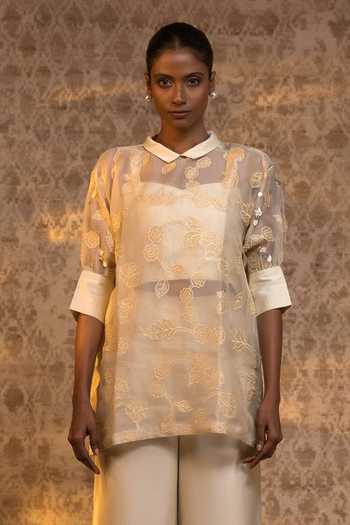 Buy_Eeda_Ivory Silk Organza, Shantoon, Chanderi Applique Collared Shirt And Pant Set _Online_at_Aza_Fashions