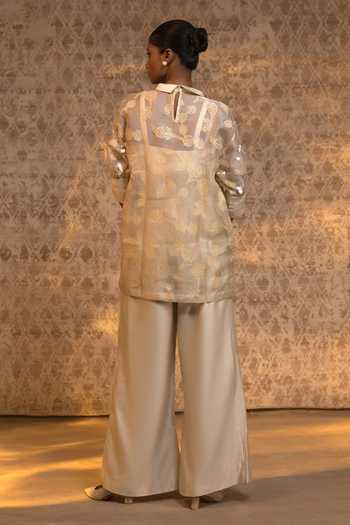 Shop_Eeda_Ivory Silk Organza, Shantoon, Chanderi Applique Collared Shirt And Pant Set _at_Aza_Fashions
