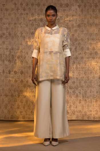 Shop_Eeda_Ivory Silk Organza, Shantoon, Chanderi Applique Collared Shirt And Pant Set _Online_at_Aza_Fashions