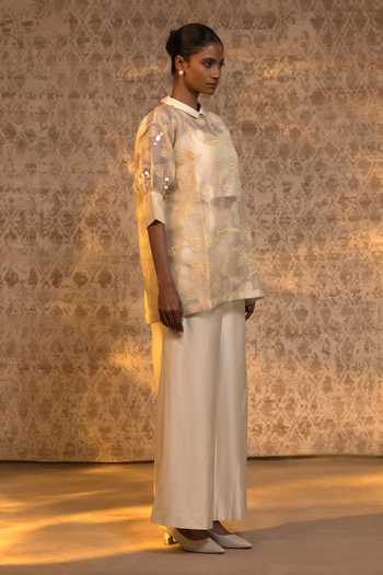 Eeda_Ivory Silk Organza, Shantoon, Chanderi Applique Collared Shirt And Pant Set _at_Aza_Fashions