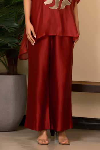 Eeda_Red Silk Applique V-neck Abstract Motif Top And Pant Set _Online_at_Aza_Fashions