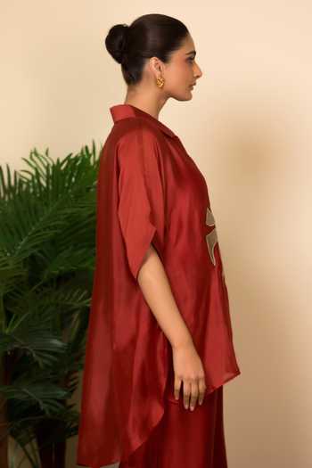 Buy_Eeda_Red Silk Applique V-neck Abstract Motif Top And Pant Set _Online_at_Aza_Fashions