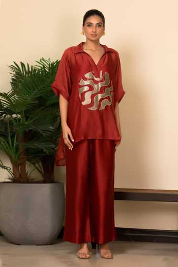 Shop_Eeda_Red Silk Applique V-neck Abstract Motif Top And Pant Set _Online_at_Aza_Fashions