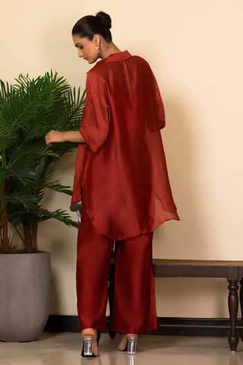Shop_Eeda_Red Silk Applique V-neck Abstract Motif Top And Pant Set _at_Aza_Fashions