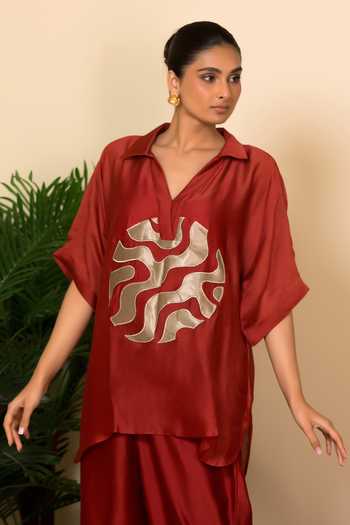 Buy_Eeda_Red Silk Applique V-neck Abstract Motif Top And Pant Set _at_Aza_Fashions
