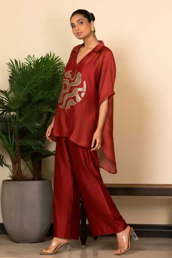 Buy_Eeda_Red Silk Applique V-neck Abstract Motif Top And Pant Set 
