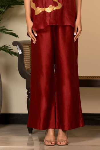 Eeda_Red Silk, Shantoon Patchwork Abstract Pattern Top And Pant Set _Online_at_Aza_Fashions