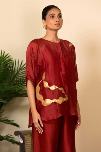 Buy_Eeda_Red Silk, Shantoon Patchwork Abstract Pattern Top And Pant Set _Online_at_Aza_Fashions
