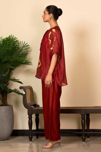 Shop_Eeda_Red Silk, Shantoon Patchwork Abstract Pattern Top And Pant Set _Online_at_Aza_Fashions