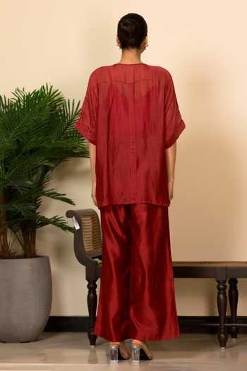 Shop_Eeda_Red Silk, Shantoon Patchwork Abstract Pattern Top And Pant Set _at_Aza_Fashions