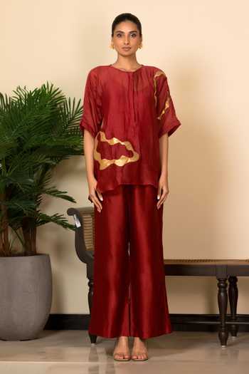 Eeda_Red Silk, Shantoon Patchwork Abstract Pattern Top And Pant Set _at_Aza_Fashions