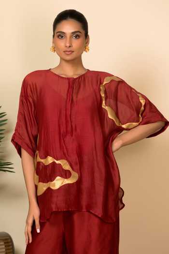 Buy_Eeda_Red Silk, Shantoon Patchwork Abstract Pattern Top And Pant Set _at_Aza_Fashions