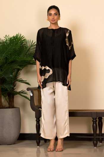 Eeda_Black Silk, Shantoon Patchwork Abstract Pattern Shirt  _Online_at_Aza_Fashions