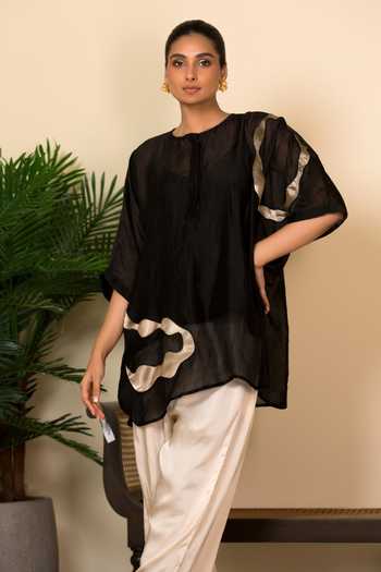 Buy_Eeda_Black Silk, Shantoon Patchwork Abstract Pattern Shirt  _at_Aza_Fashions