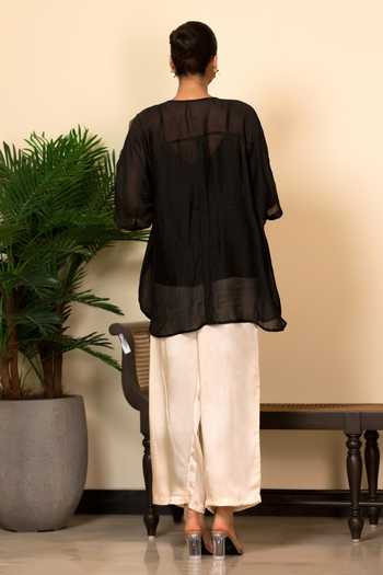 Shop_Eeda_Black Silk, Shantoon Patchwork Abstract Pattern Shirt  _at_Aza_Fashions