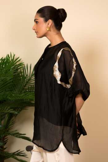 Shop_Eeda_Black Silk, Shantoon Patchwork Abstract Pattern Shirt  _Online_at_Aza_Fashions