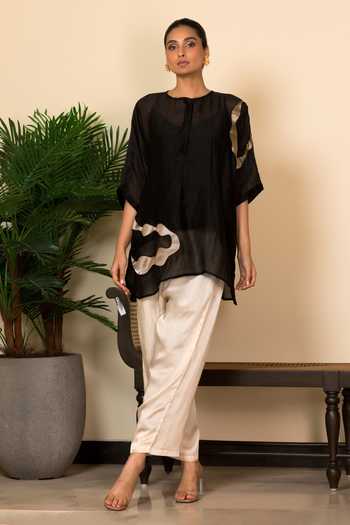 Eeda_Black Silk, Shantoon Patchwork Abstract Pattern Shirt  _at_Aza_Fashions