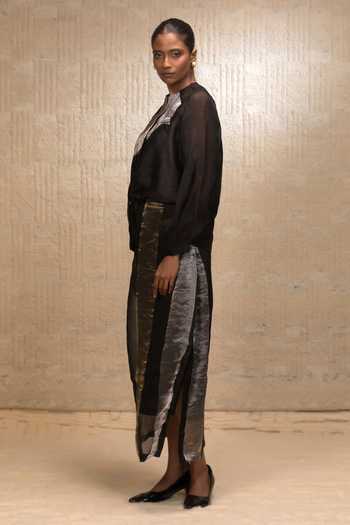 Eeda_Black Silk, Organza Beads High Neck Abstract Patch Work Top _Online_at_Aza_Fashions