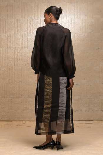 Shop_Eeda_Black Silk, Organza Beads High Neck Abstract Patch Work Top _at_Aza_Fashions