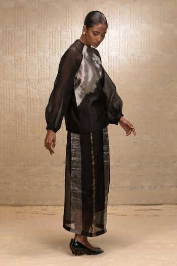 Buy_Eeda_Black Silk, Organza Beads High Neck Abstract Patch Work Top _Online_at_Aza_Fashions