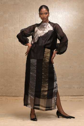 Shop_Eeda_Black Silk, Organza Beads High Neck Abstract Patch Work Top _Online_at_Aza_Fashions