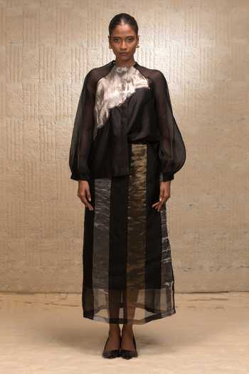 Eeda_Black Silk, Organza Beads High Neck Abstract Patch Work Top _at_Aza_Fashions
