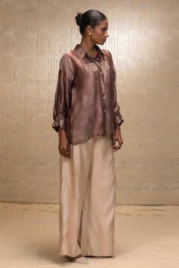 Eeda_Brown Silk, Tissue, Shantoon Embroidery Collared Striped Shirt _Online_at_Aza_Fashions